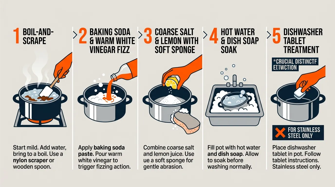 Five burnt pot cleaning methods including simmering water, baking soda and vinegar, salt and lemon, dish soap soak, and stainless steel tablet treatment
