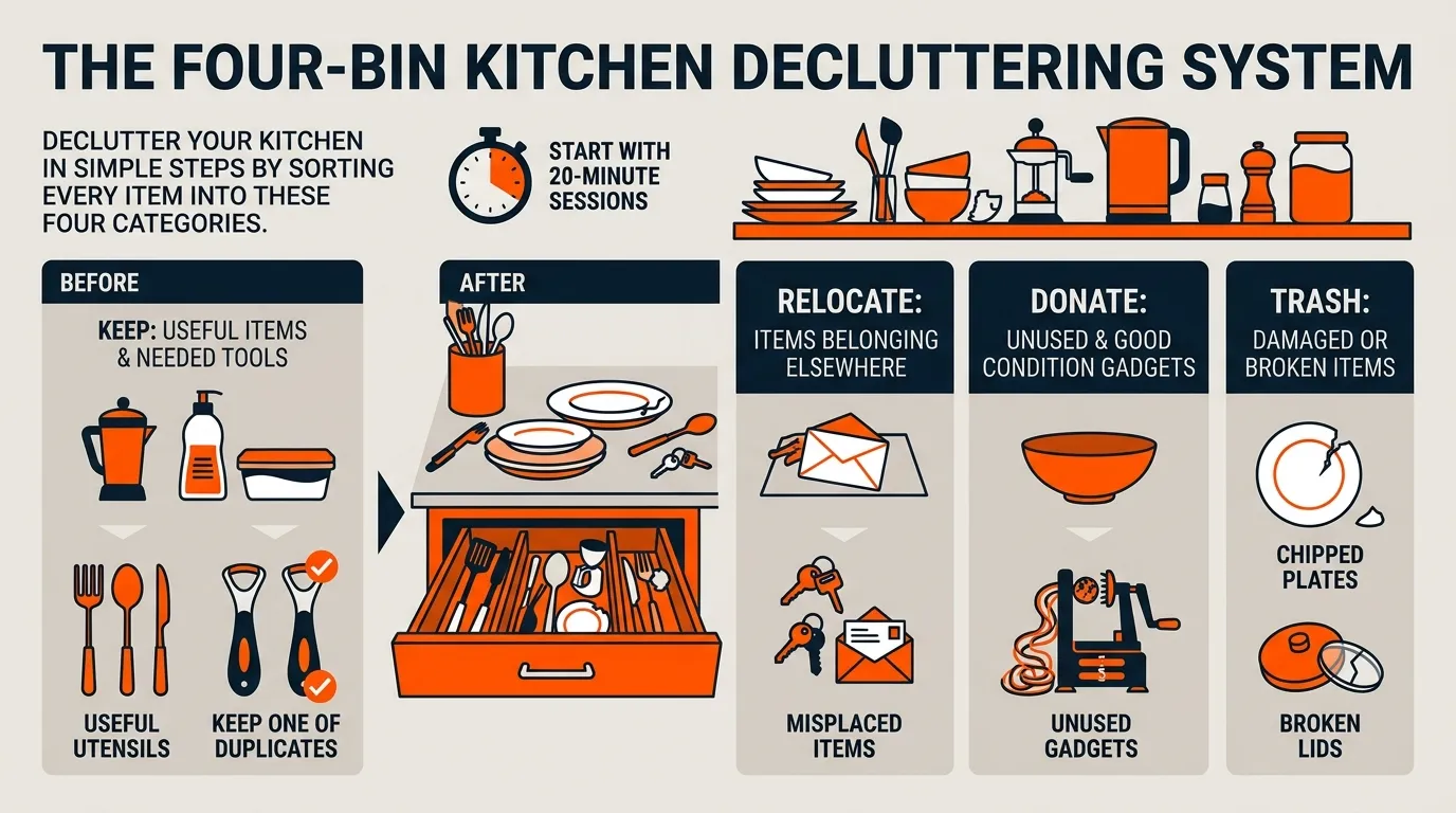 Kitchen decluttering system separating items into keep relocate donate and trash categories
