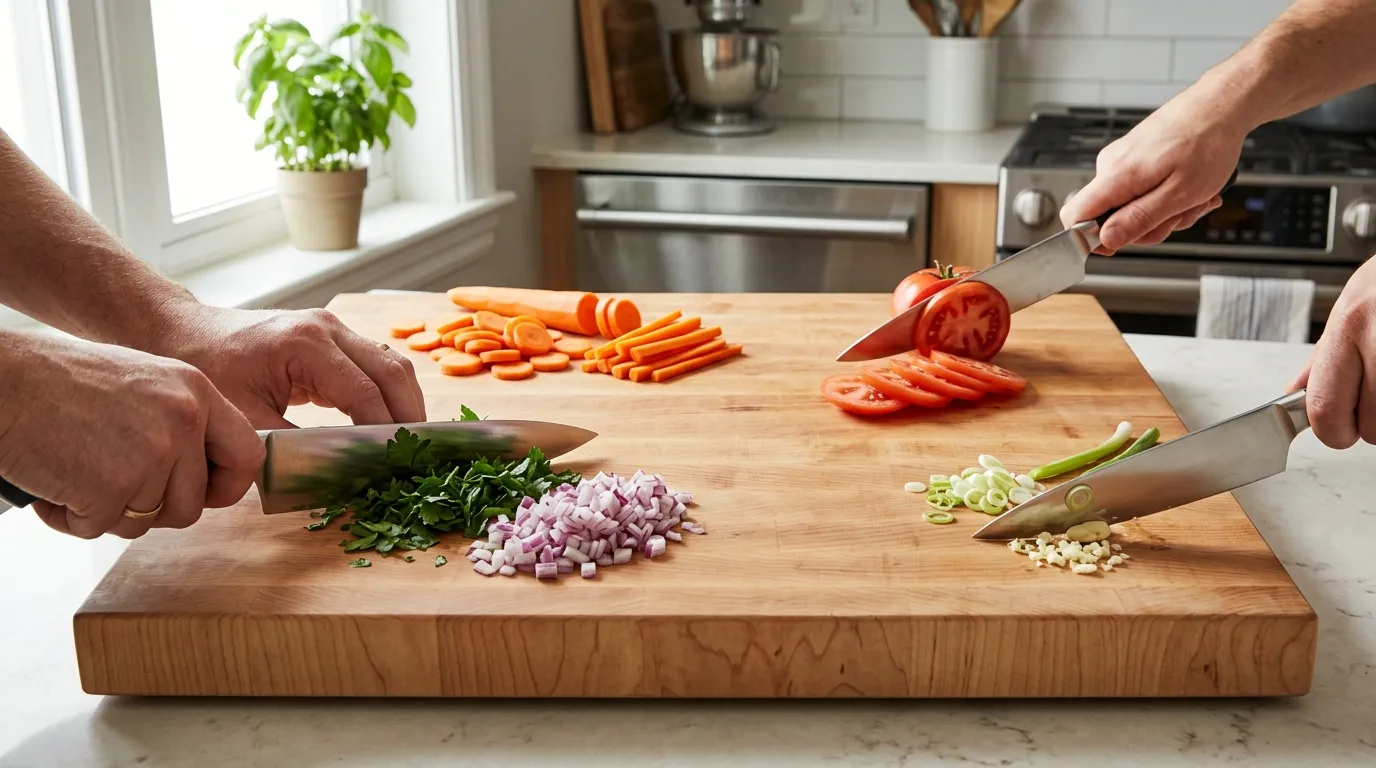 Home cook demonstrating controlled rock chop, push cut, pull slice, and tip work techniques