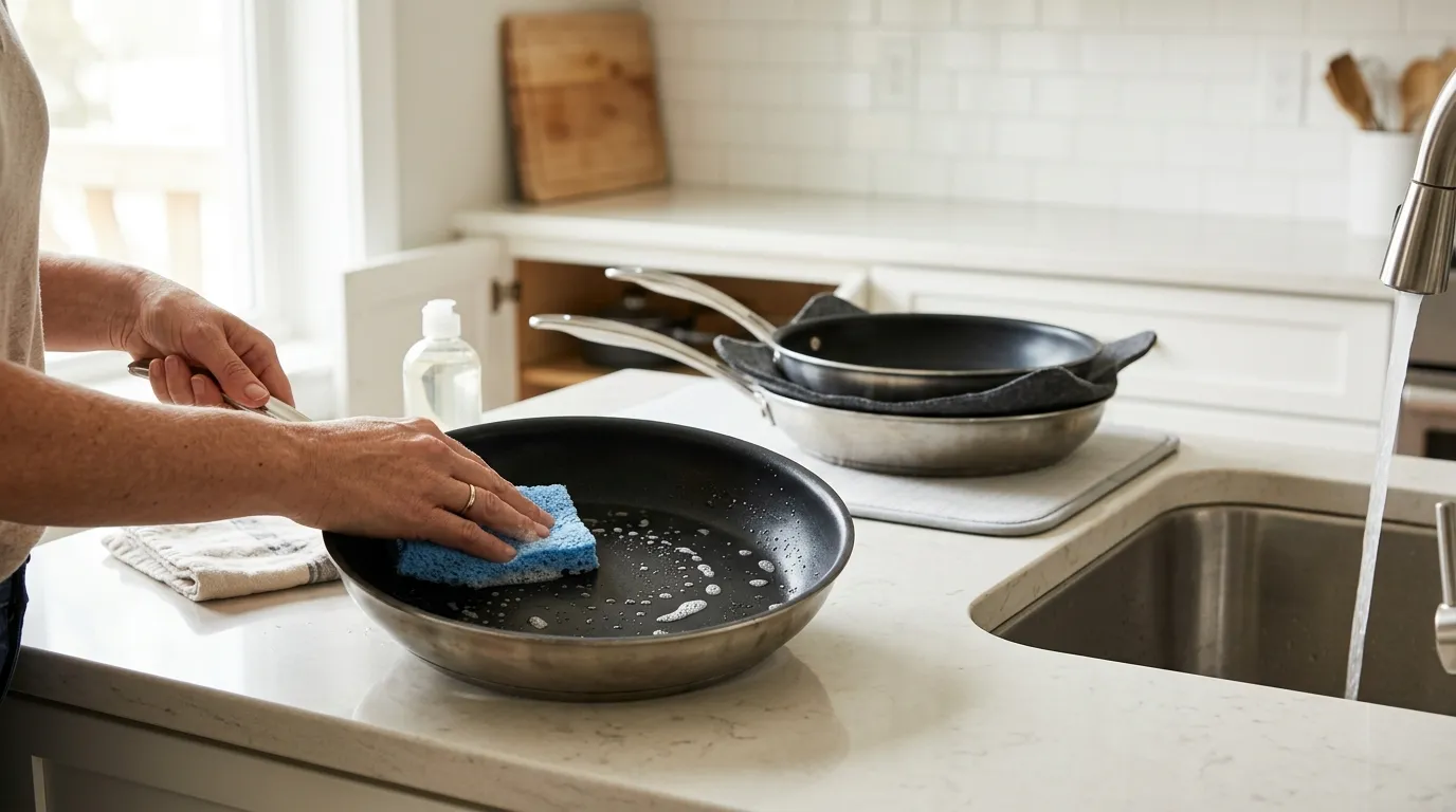 Non-stick pan being gently cleaned with warm soapy water and a soft sponge before protected storage