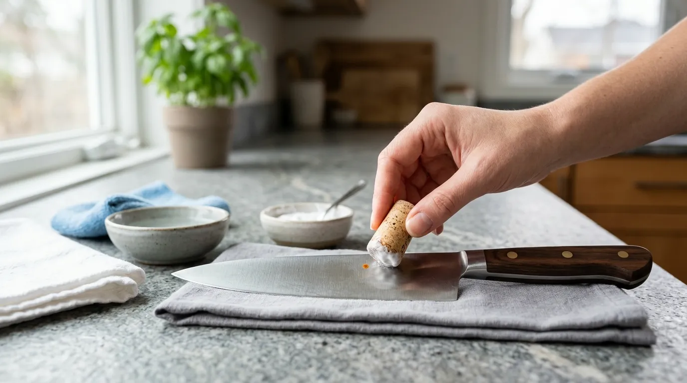 Kitchen knife being gently cleaned with baking soda paste to remove a small rust spot