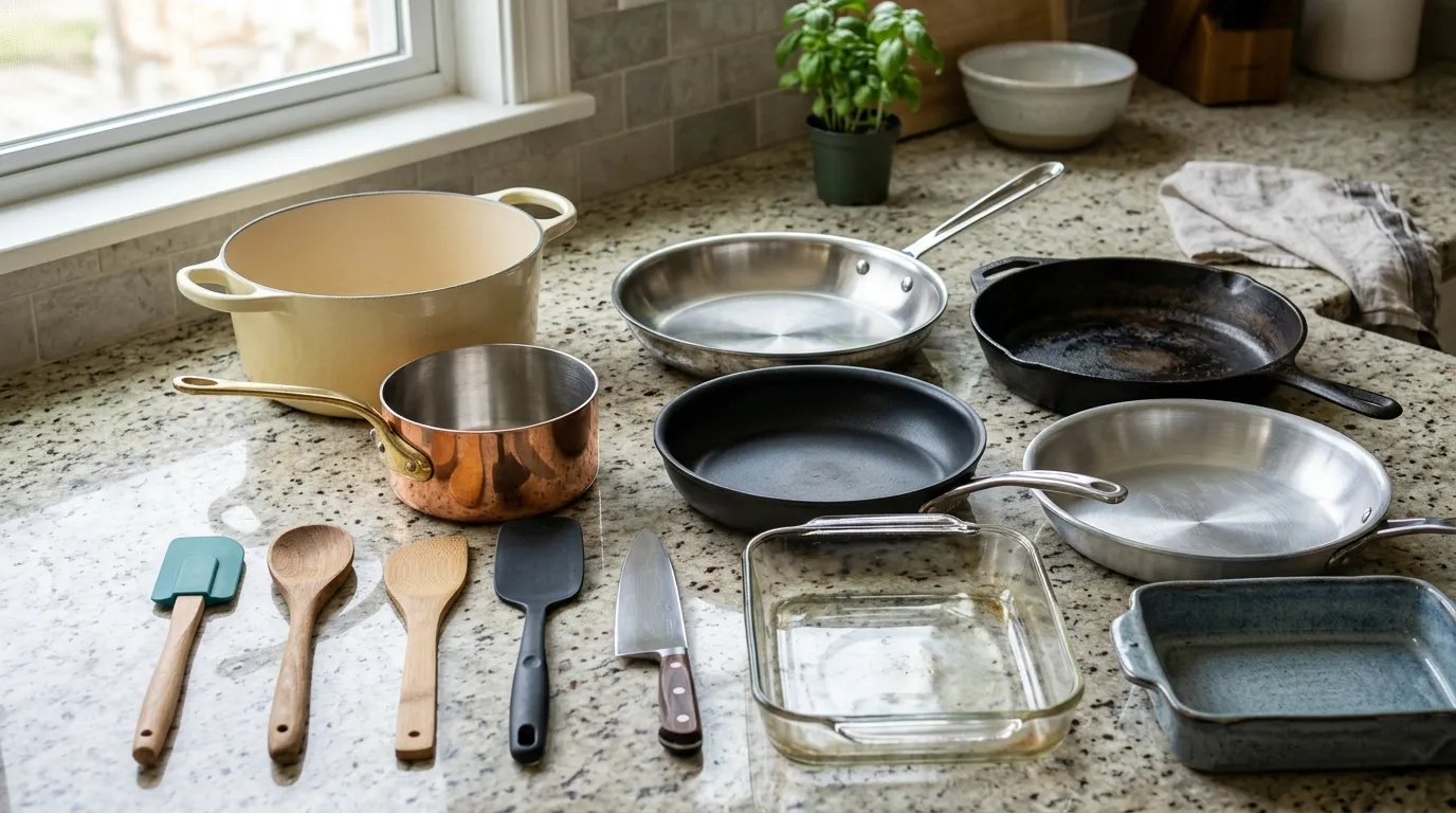 Different cooking utensils made from stainless steel cast iron nonstick wood and glass ready for material-specific cleaning