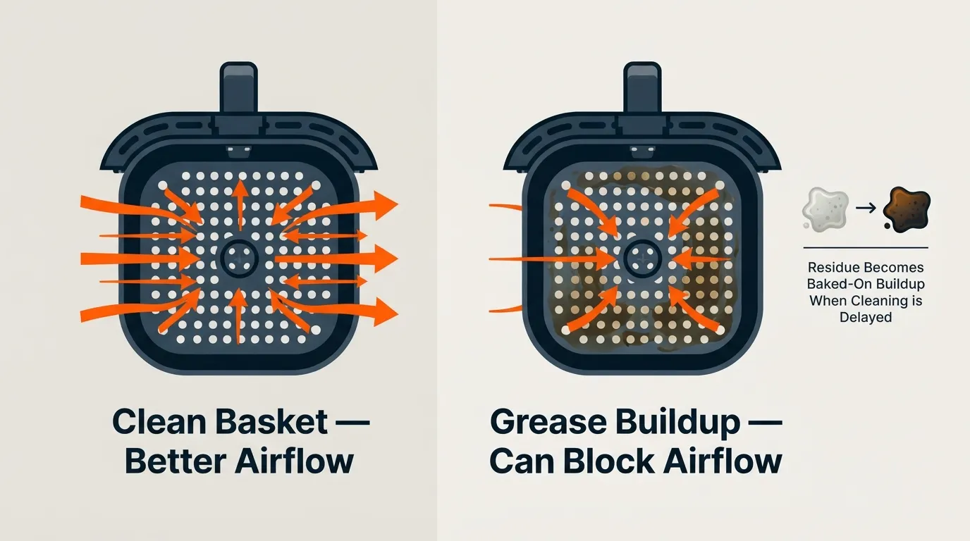 Air fryer basket with visible grease buildup and blocked perforations compared with a clean basket