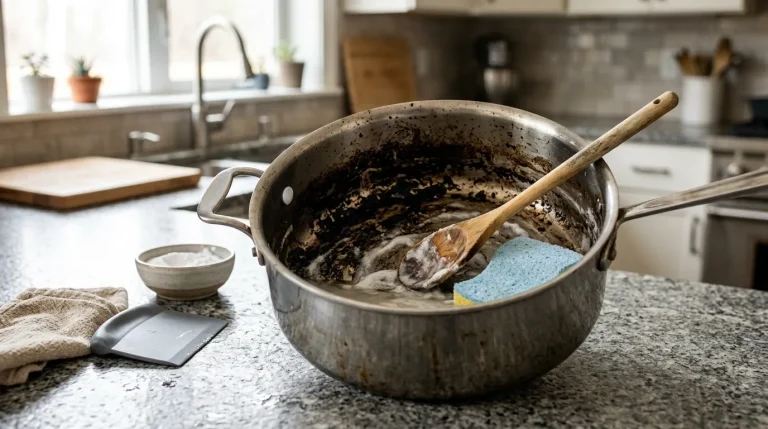Burnt stainless steel pot being cleaned with baking soda, water, and a safe scraper on a kitchen countertop