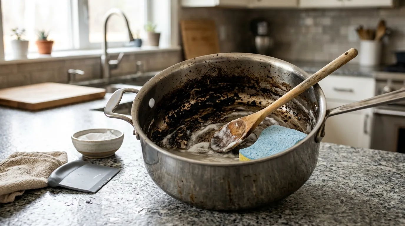 Burnt stainless steel pot being cleaned with baking soda, water, and a safe scraper on a kitchen countertop