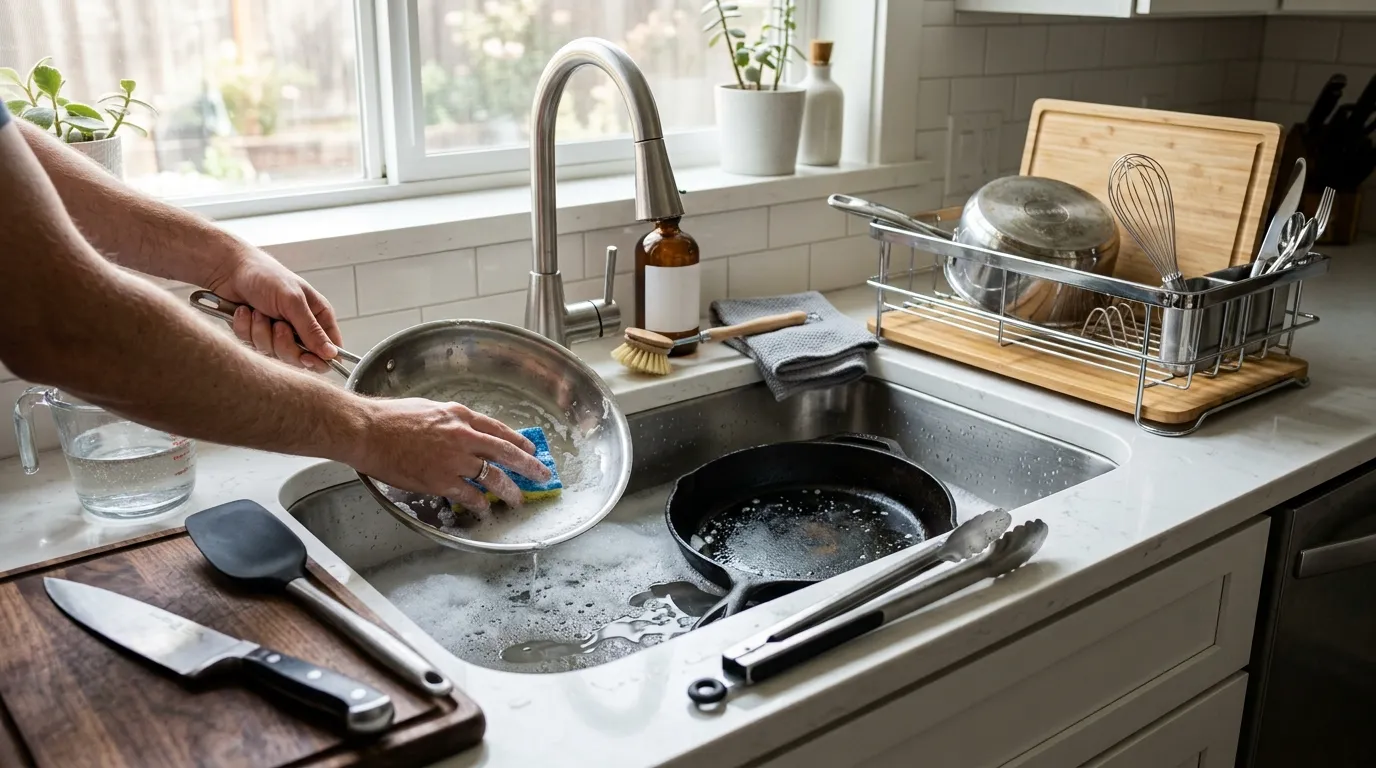 Clean cooking utensils drying beside a sink after washing with hot soapy water