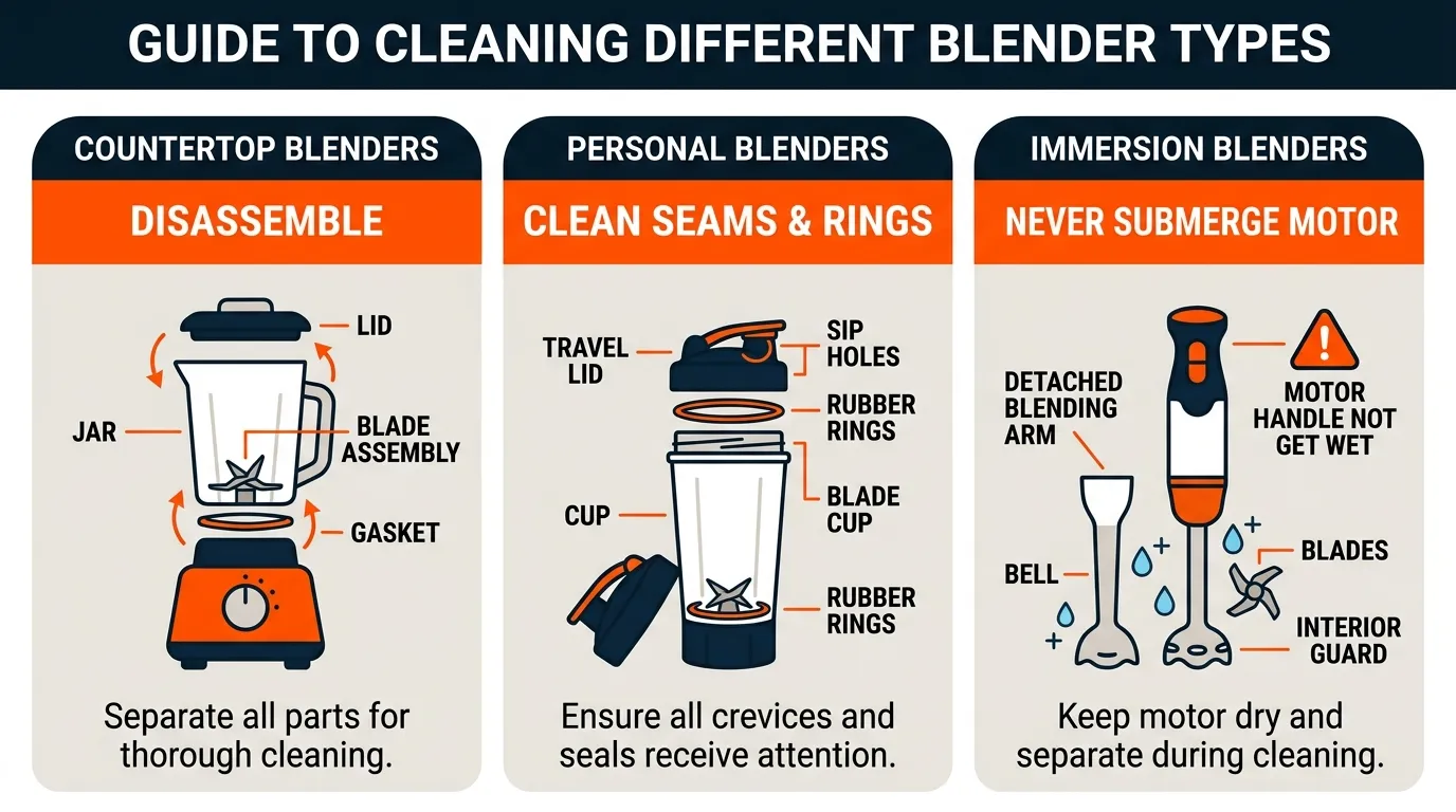 Countertop blender, personal blender cup, and immersion blender shown with their different cleaning components