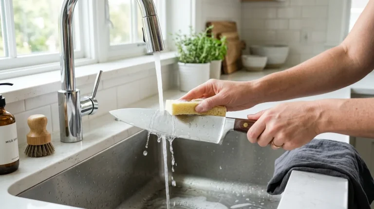 Kitchen knife being safely hand washed with mild soap beside a clean modern kitchen sink