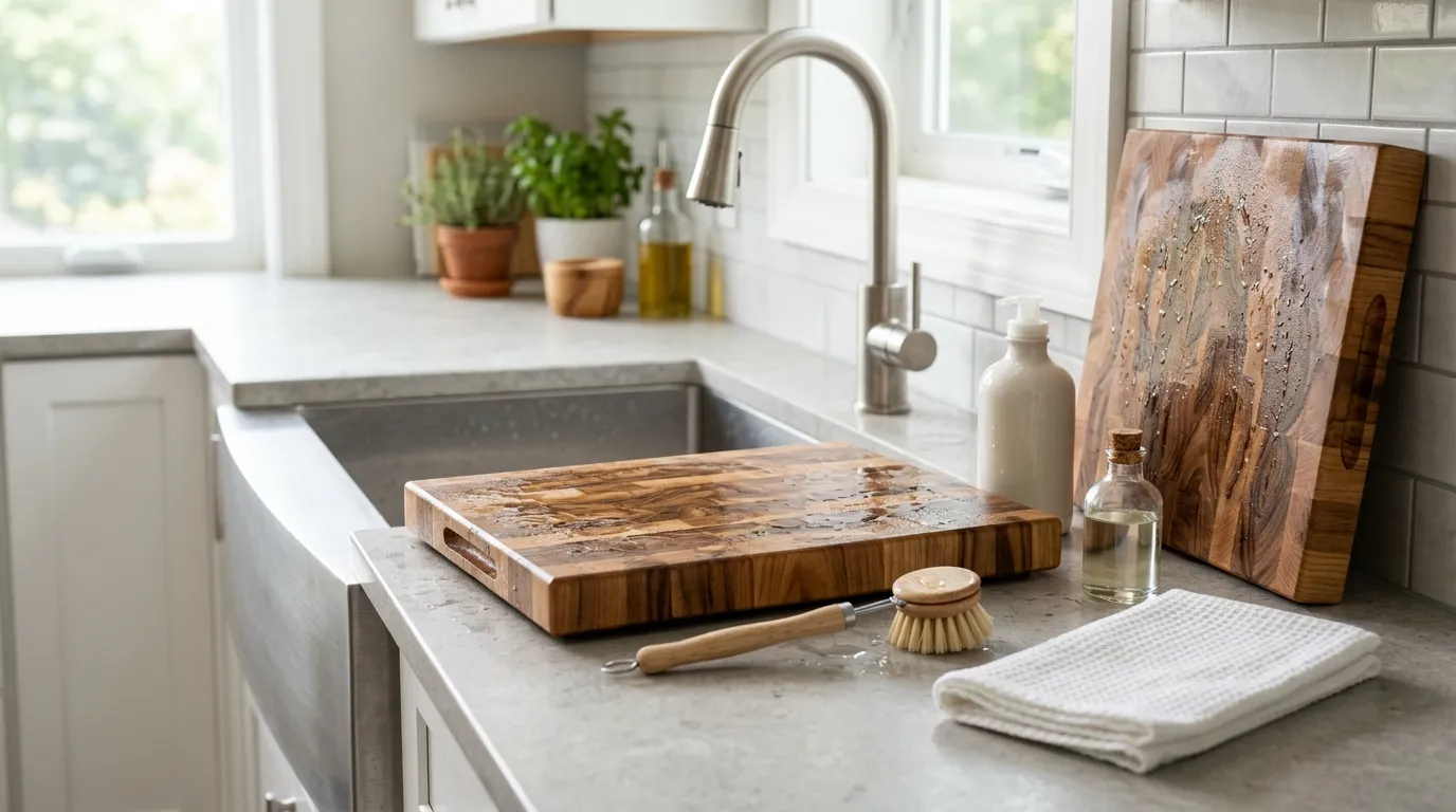 Wooden cutting board being cleaned safely beside a sink with soap, brush, towel, and food-safe mineral oil
