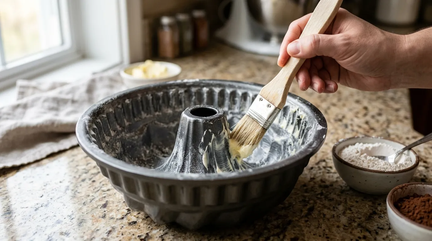 Bundt pan being brushed with butter into detailed ridges before flour is added for clean release