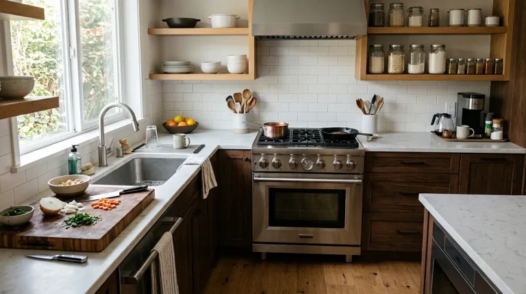 Organized modern kitchen with clearly defined prep, cooking, storage, and cleaning zones