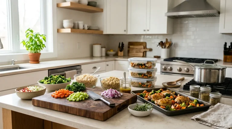 Organized home kitchen with meal prep ingredients, cooking tools, and prepared food arranged for faster daily cooking