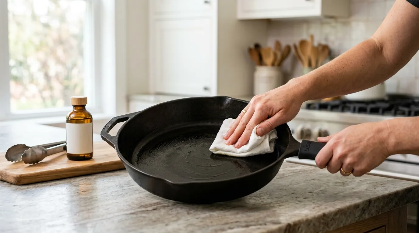 Cast iron skillet being seasoned with a thin coat of oil in a modern kitchen