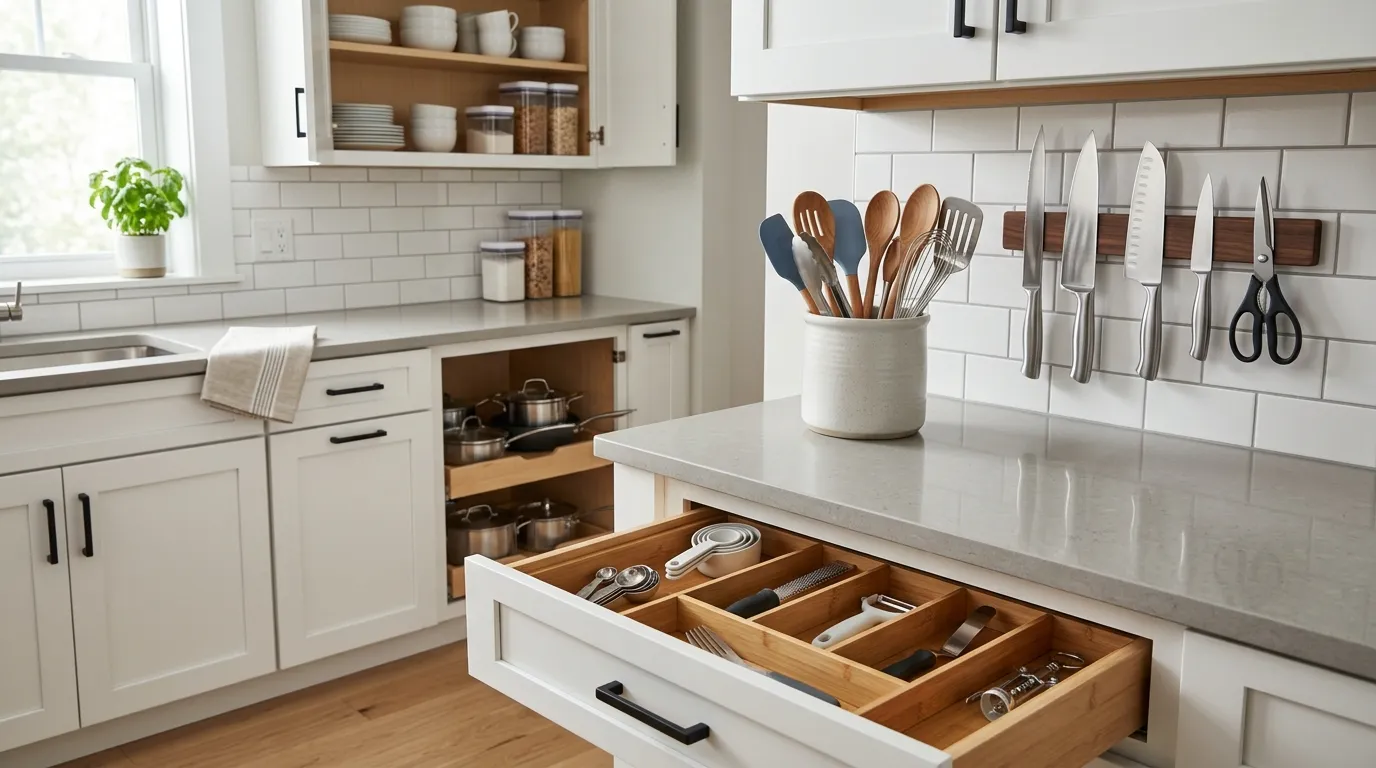 Organized kitchen utensils stored in drawers, a countertop crock, and vertical storage areas in a modern kitchen