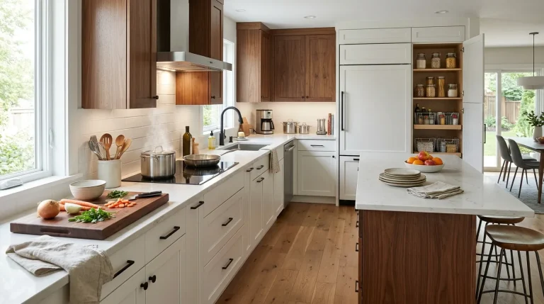 Modern American kitchen with organized storage, layered lighting, efficient appliances, and clearly defined cooking zones