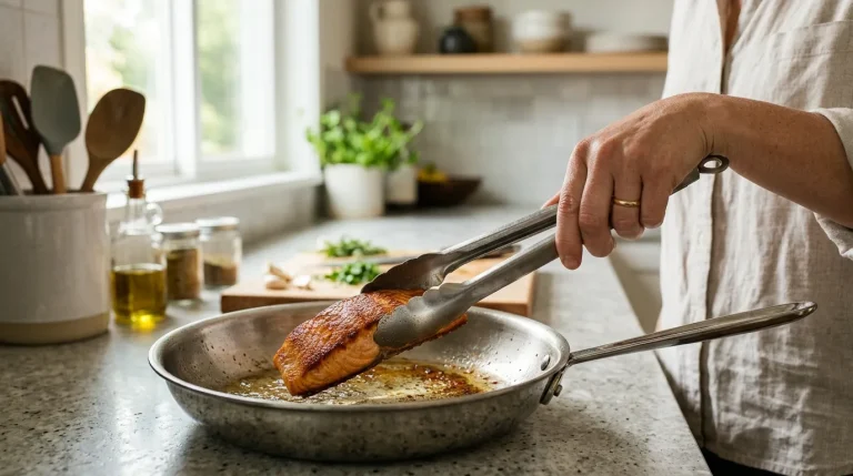 Kitchen tongs being used to safely flip food in a modern home kitchen