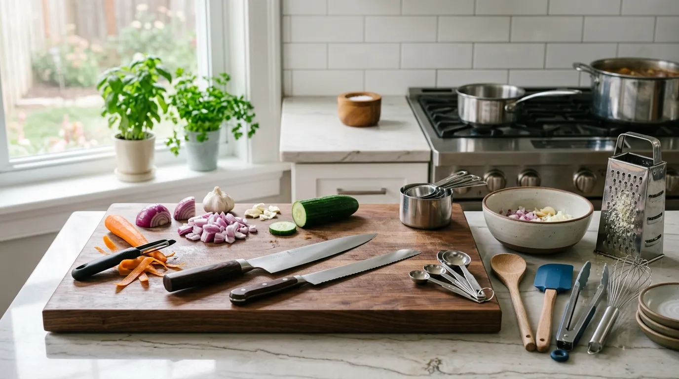 Common kitchen utensils arranged for safe and proper food preparation in a modern home kitchen