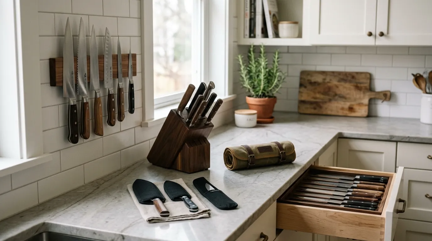 Kitchen knife storage options including a countertop block, magnetic strip, drawer tray, knife sheath, and knife roll