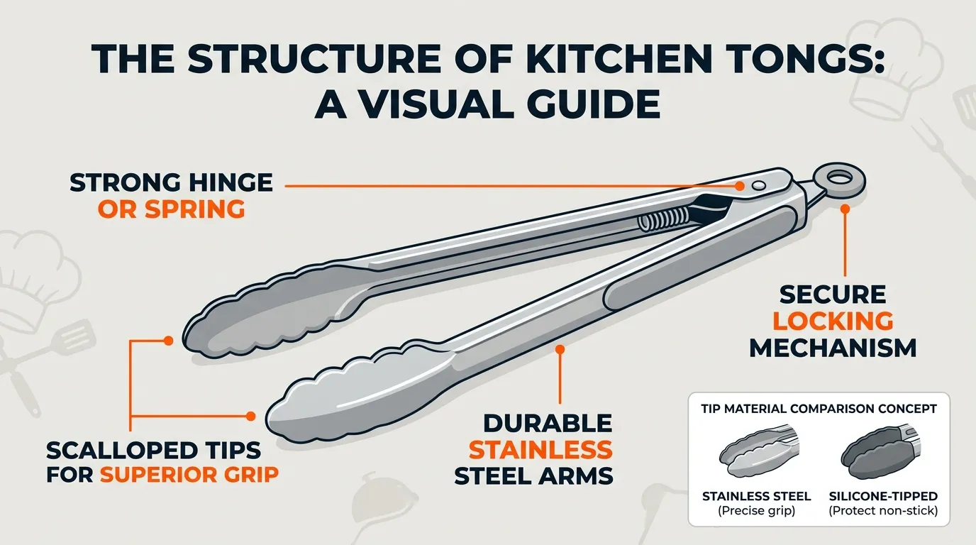 Stainless steel kitchen tongs showing the arms, hinge, spring, scalloped tips, and locking mechanism