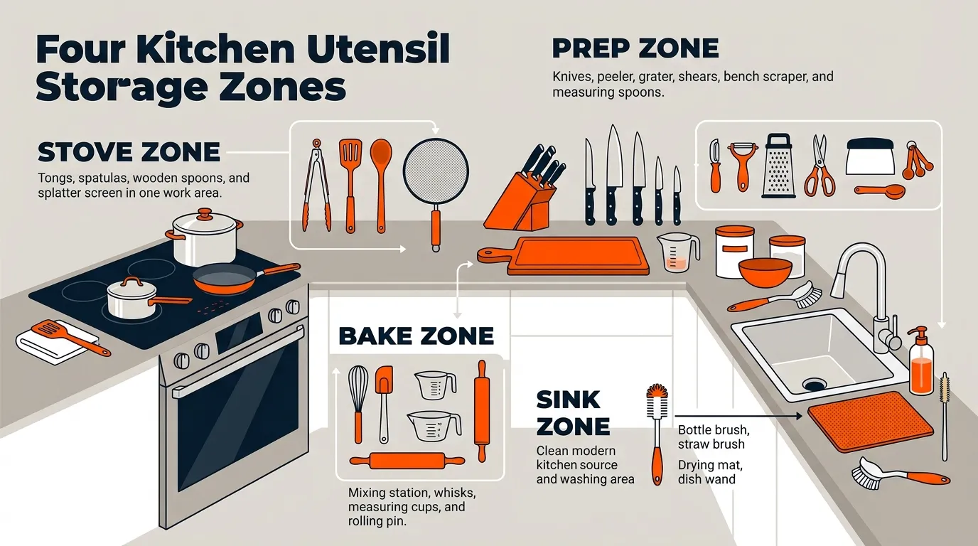Kitchen utensil storage zones organized around the stove, prep area, baking area, and sink