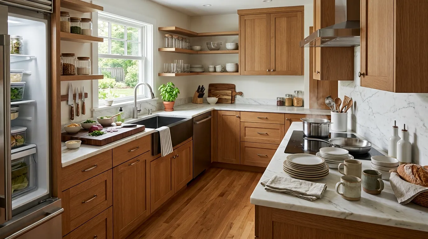 Modern kitchen organized into prep, cooking, cleaning, serving, and storage zones