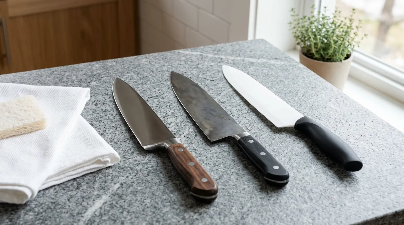 Stainless steel, carbon steel, and ceramic kitchen knives shown with different care considerations