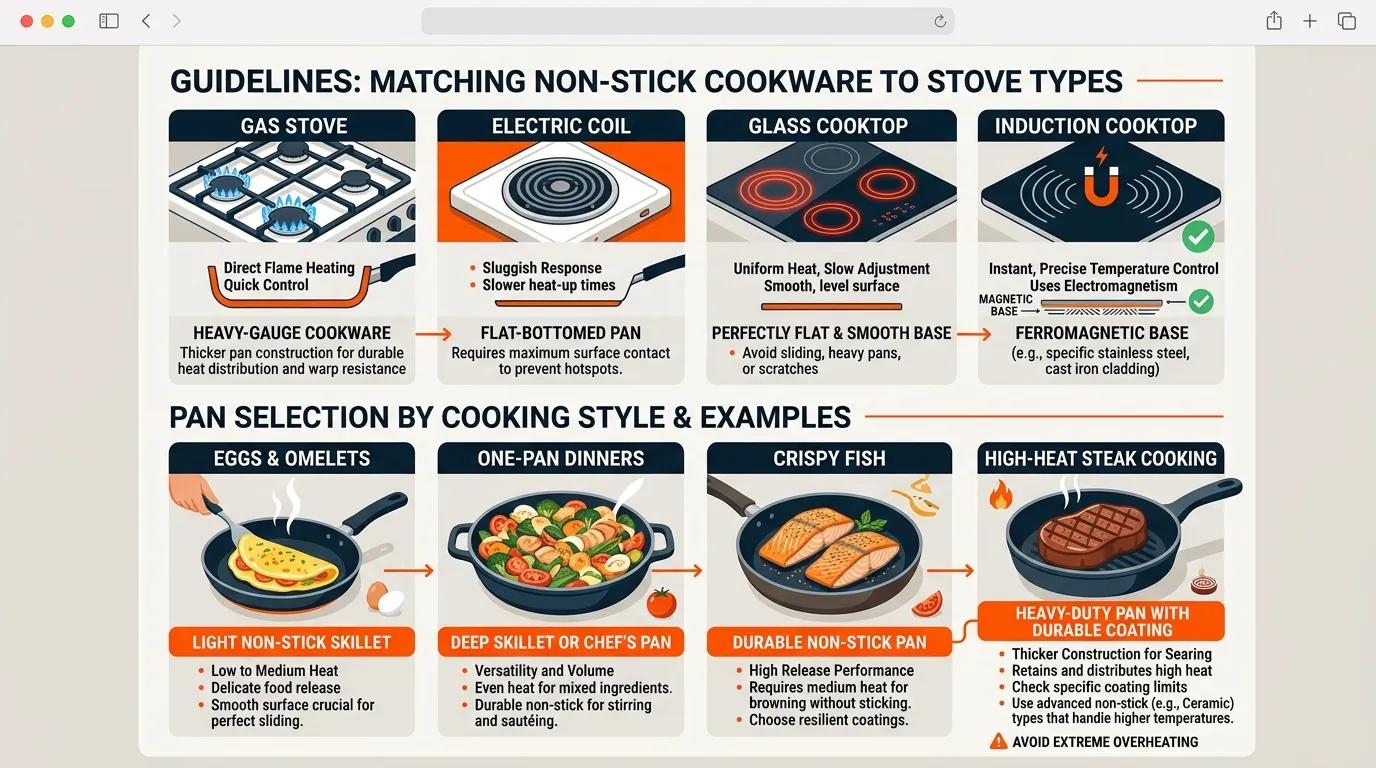 Guide matching non-stick cookware choices to gas, electric, glass, and induction stovetops and common cooking styles