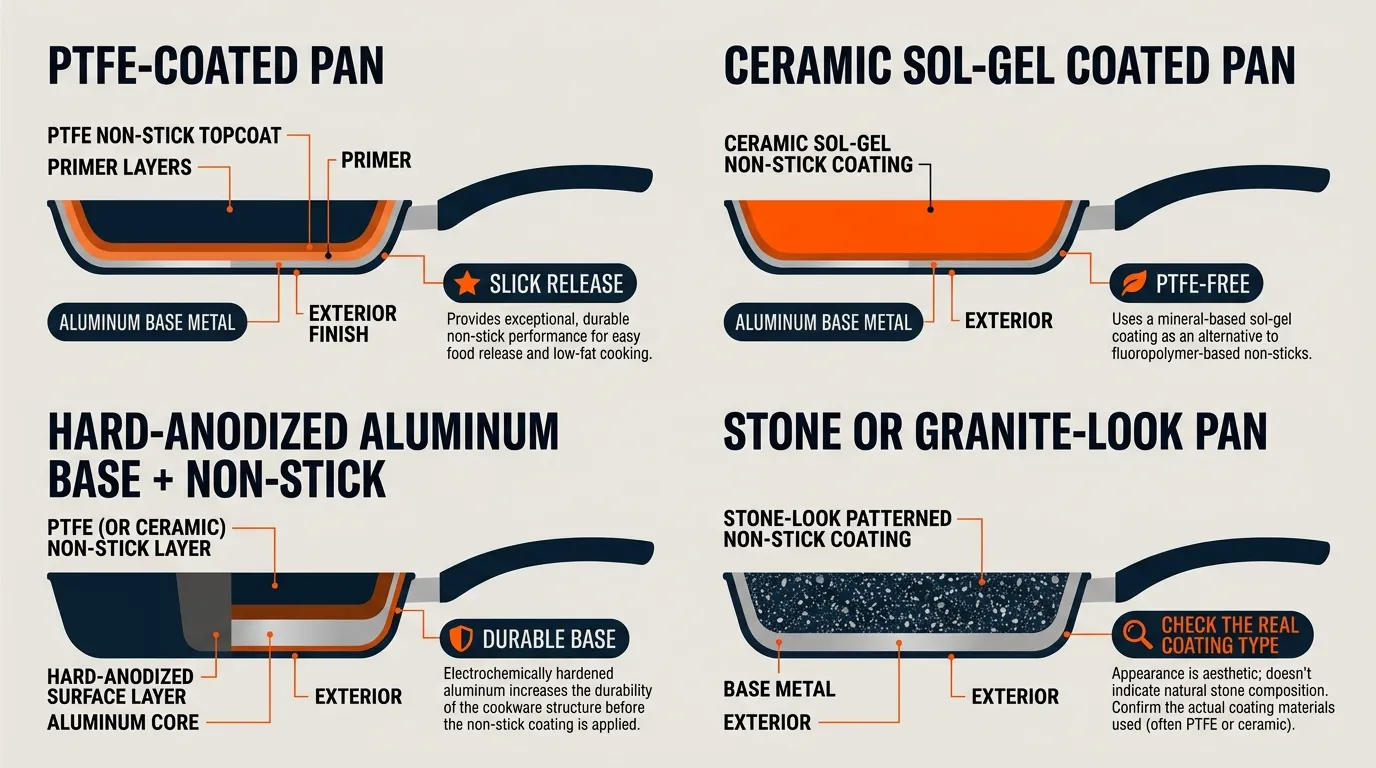 PTFE and ceramic non-stick cookware surfaces compared with a hard-anodized aluminum base