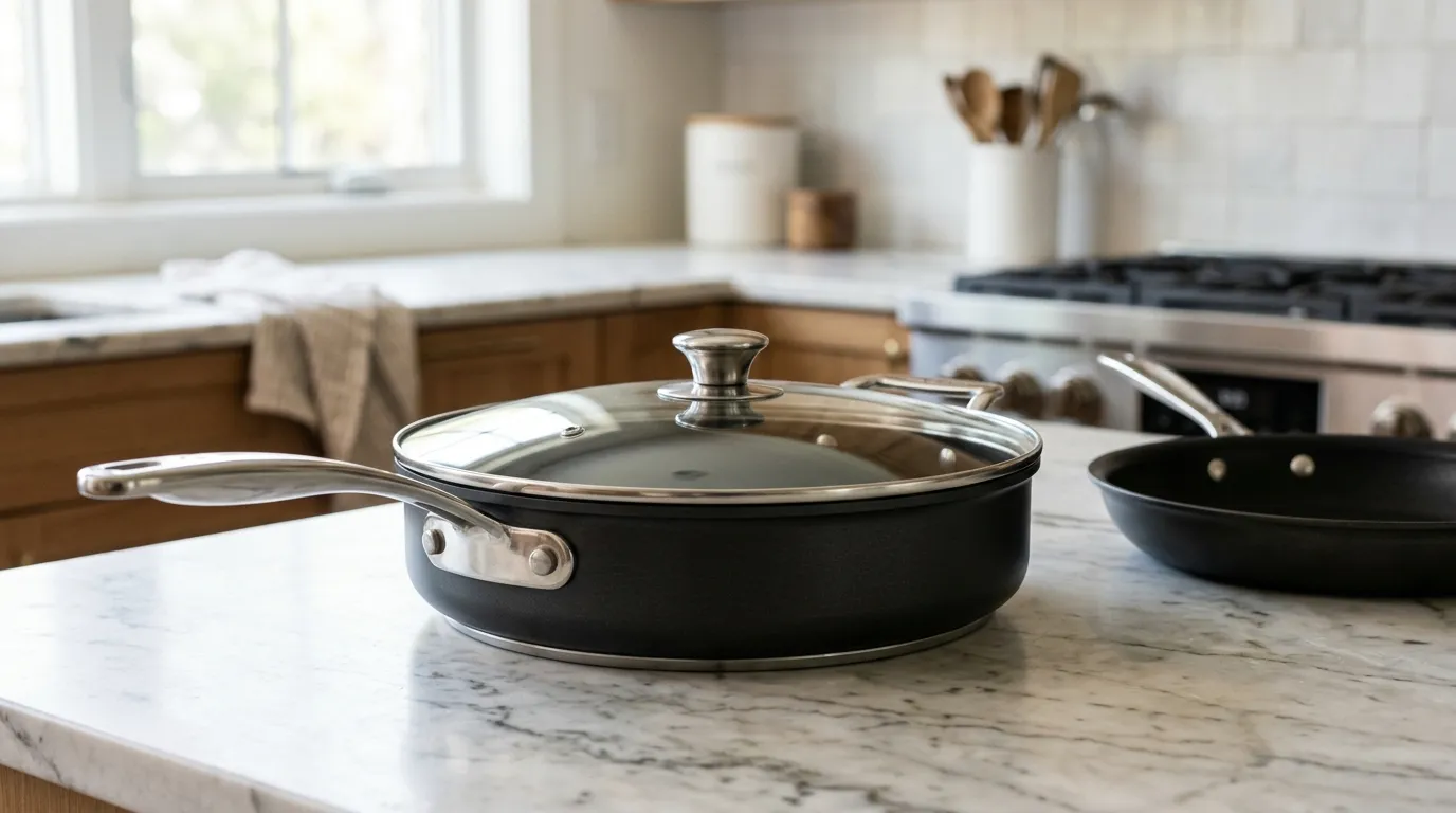 Non-stick cookware showing thick pan construction, sturdy handle, rivets, flat base, and fitted glass lid