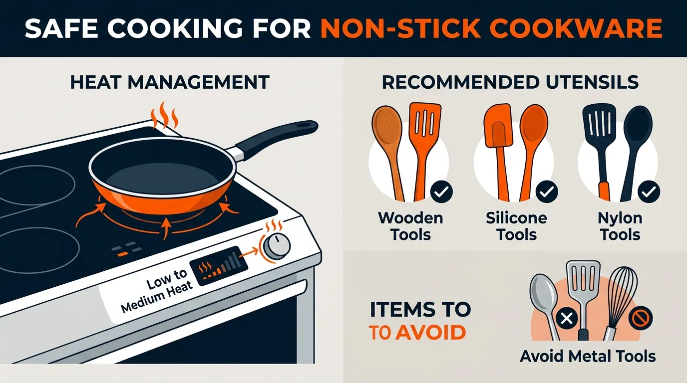 Non-stick pan safety guide showing moderate heat and wooden silicone and nylon cooking tools