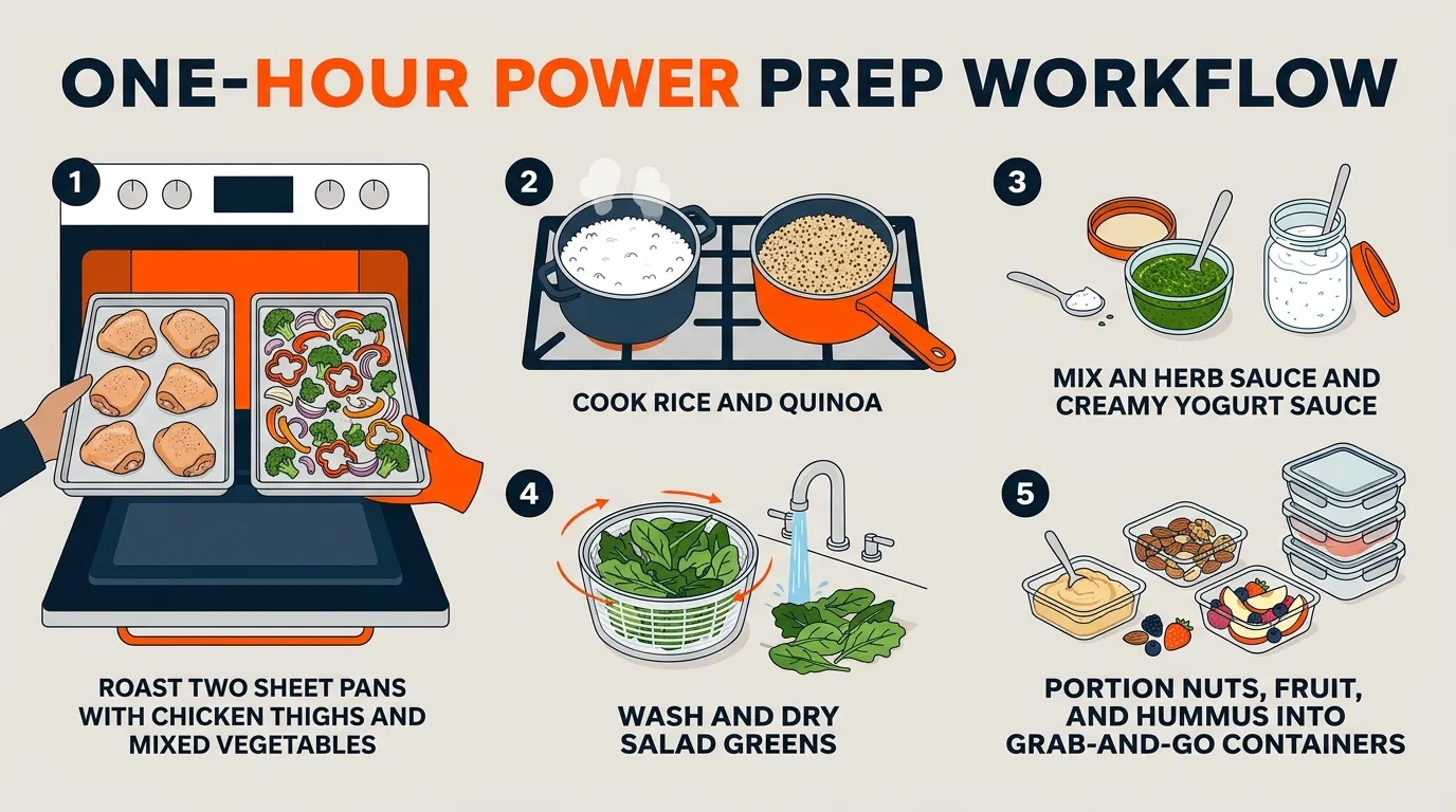 One-hour kitchen prep workflow for roasting food, cooking grains, mixing sauces, washing greens, and portioning snacks