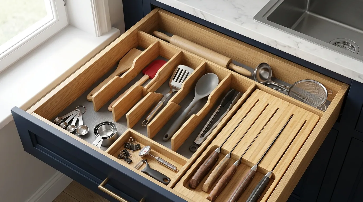 Kitchen utensil drawer organized with adjustable dividers, knife protection, trays, and non-slip lining