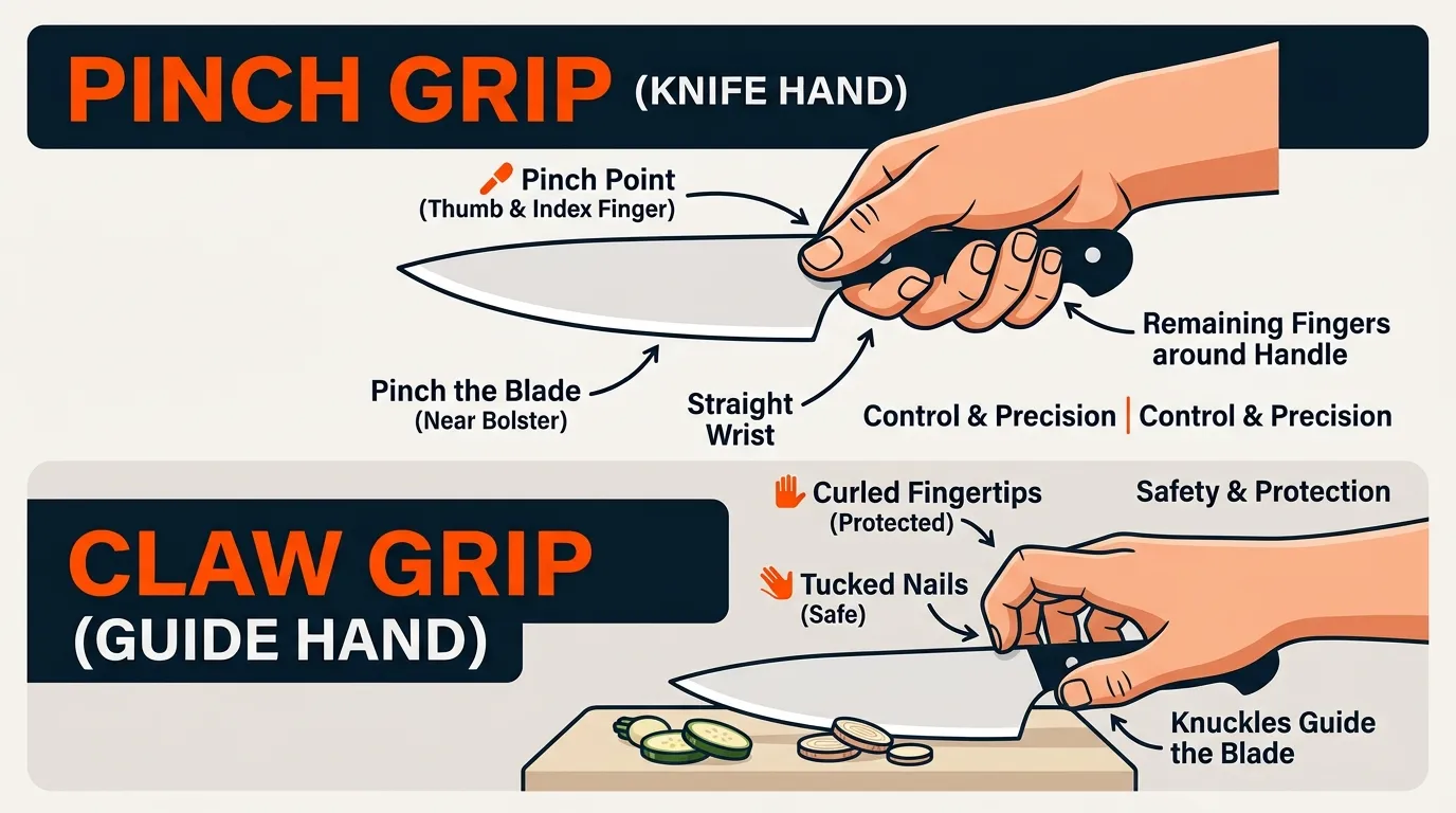 Illustrated guide showing proper pinch grip and claw grip for safer kitchen knife handling