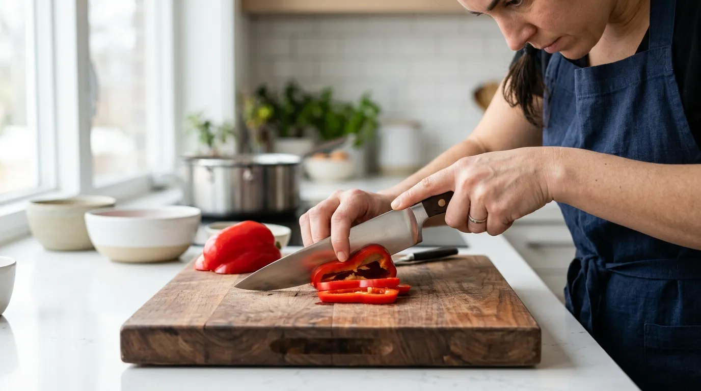 Proper chef's knife pinch grip and safe cutting technique on a stable kitchen cutting board