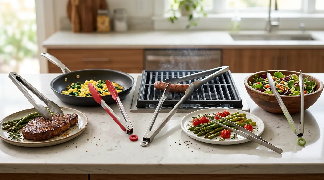 Hand holding kitchen tongs near the hinge with the tips angled downward for controlled cooking