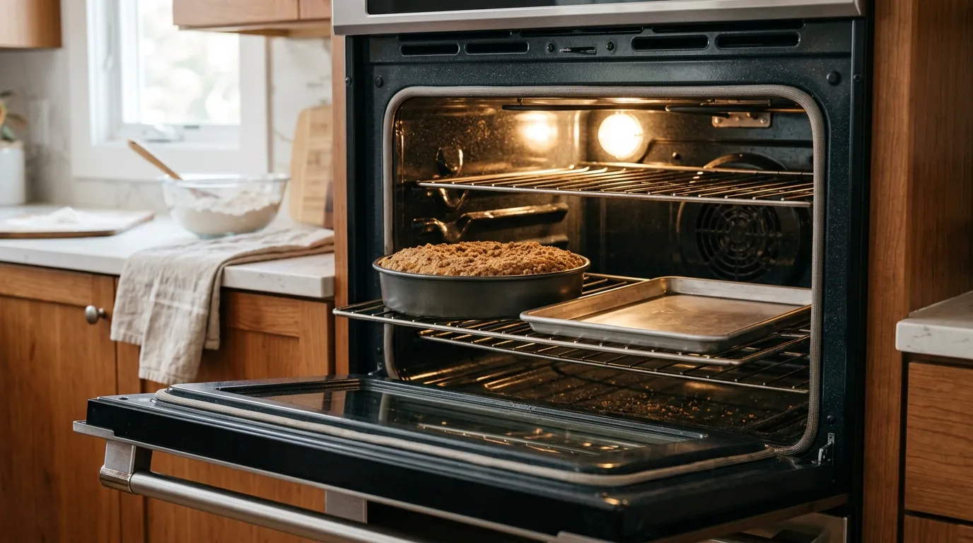 Bakeware positioned on the middle oven rack with enough space for air circulation