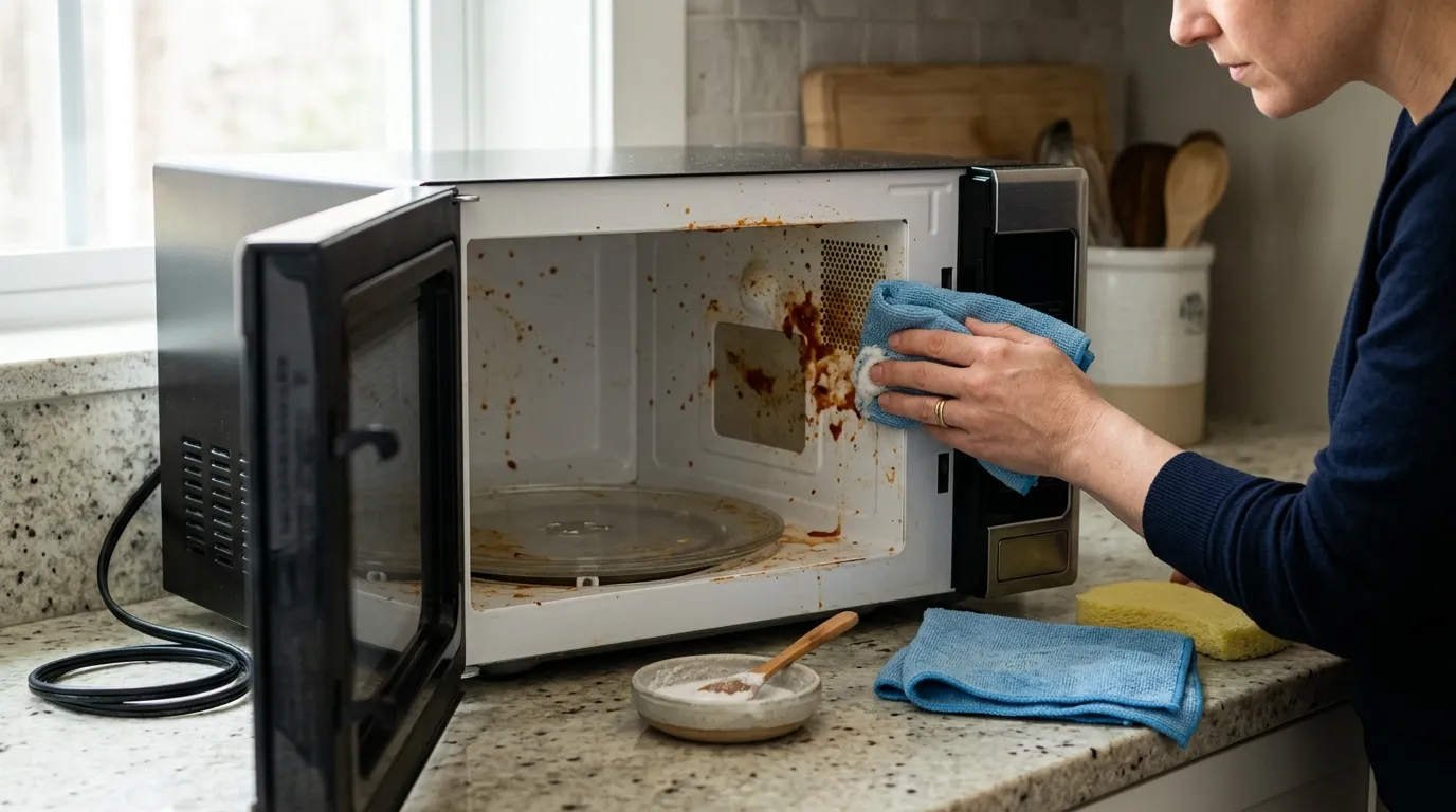 Baking soda paste and a soft damp cloth used to remove stubborn baked-on food from a microwave interior