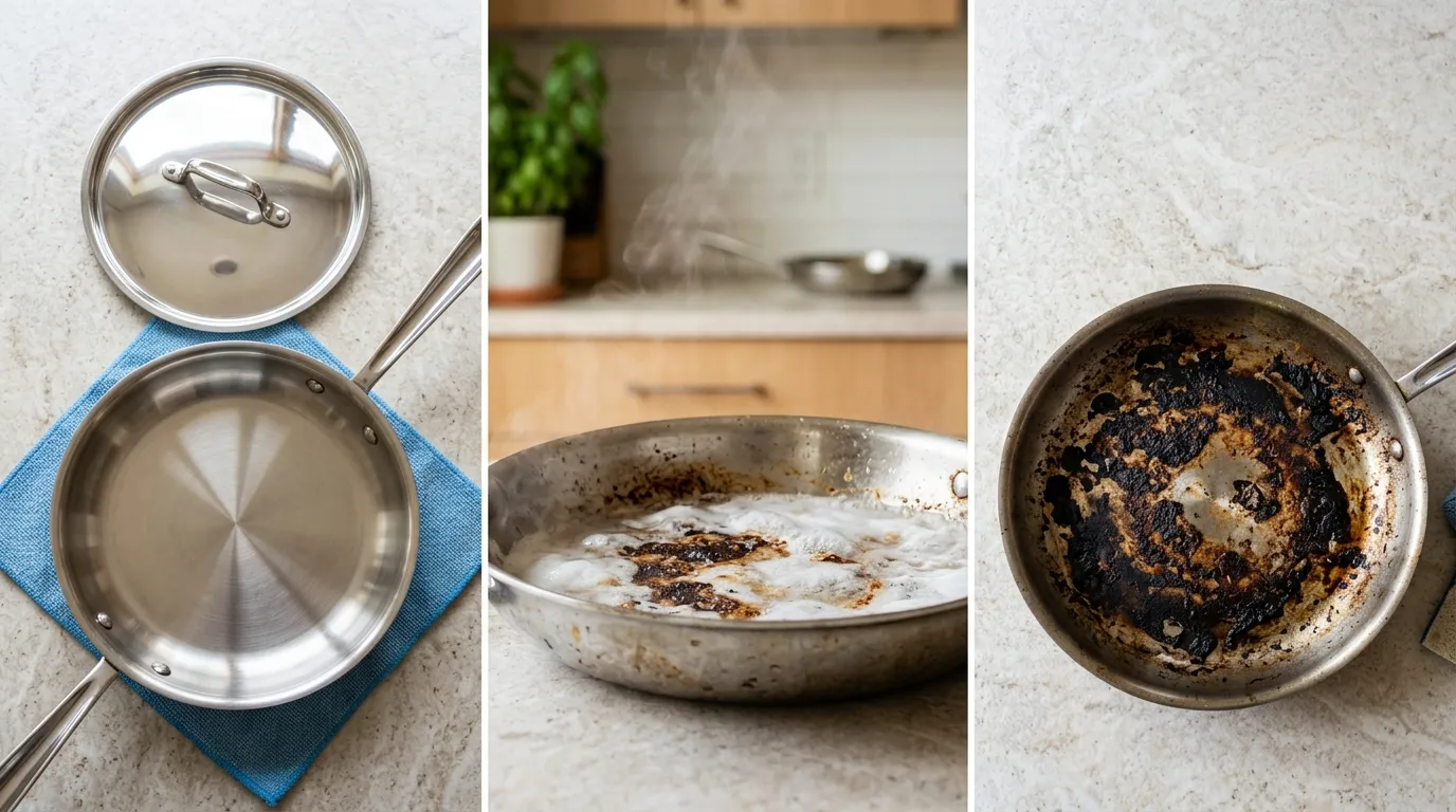 Cooking pan with baked-on food being gently cleaned after soaking with baking soda and water
