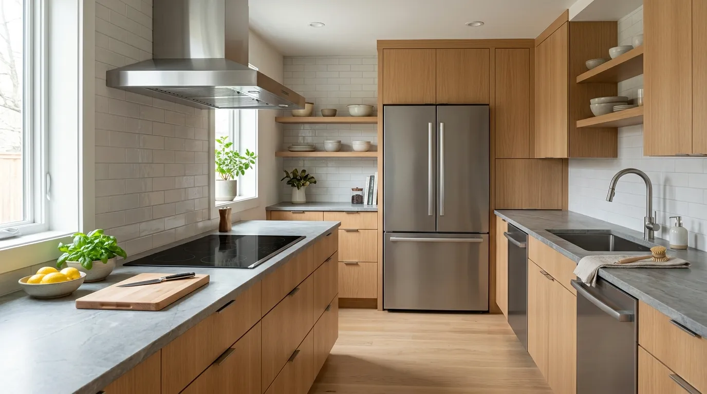 Efficient modern kitchen with counter-depth refrigerator, compact dishwasher, induction cooktop, and vented range hood