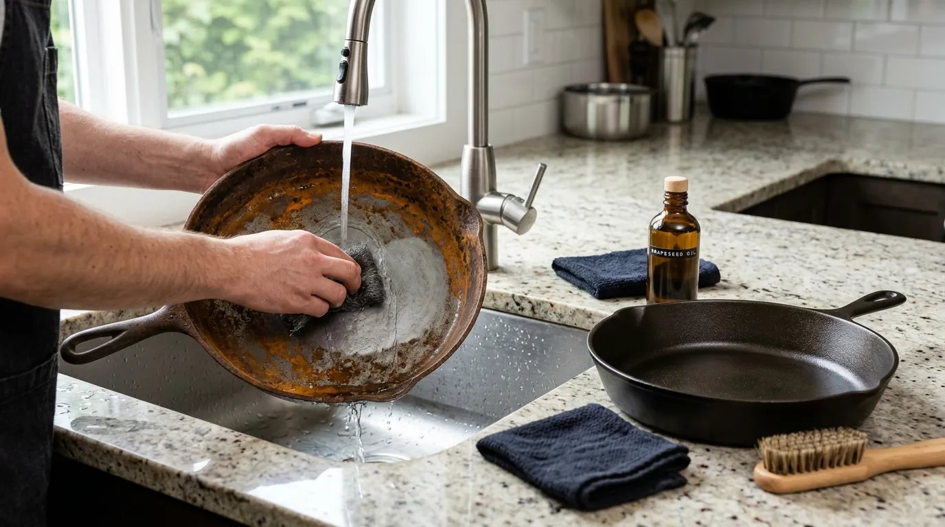 Rusty cast iron skillet being restored with gentle scrubbing and a thin layer of seasoning oil