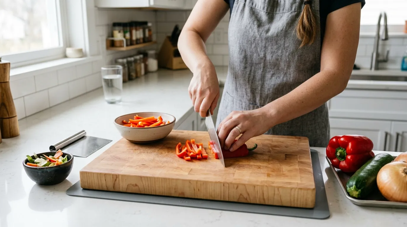 Cook using a stabilized cutting board, claw grip, organized food zones, and a bench scraper for safe food preparation