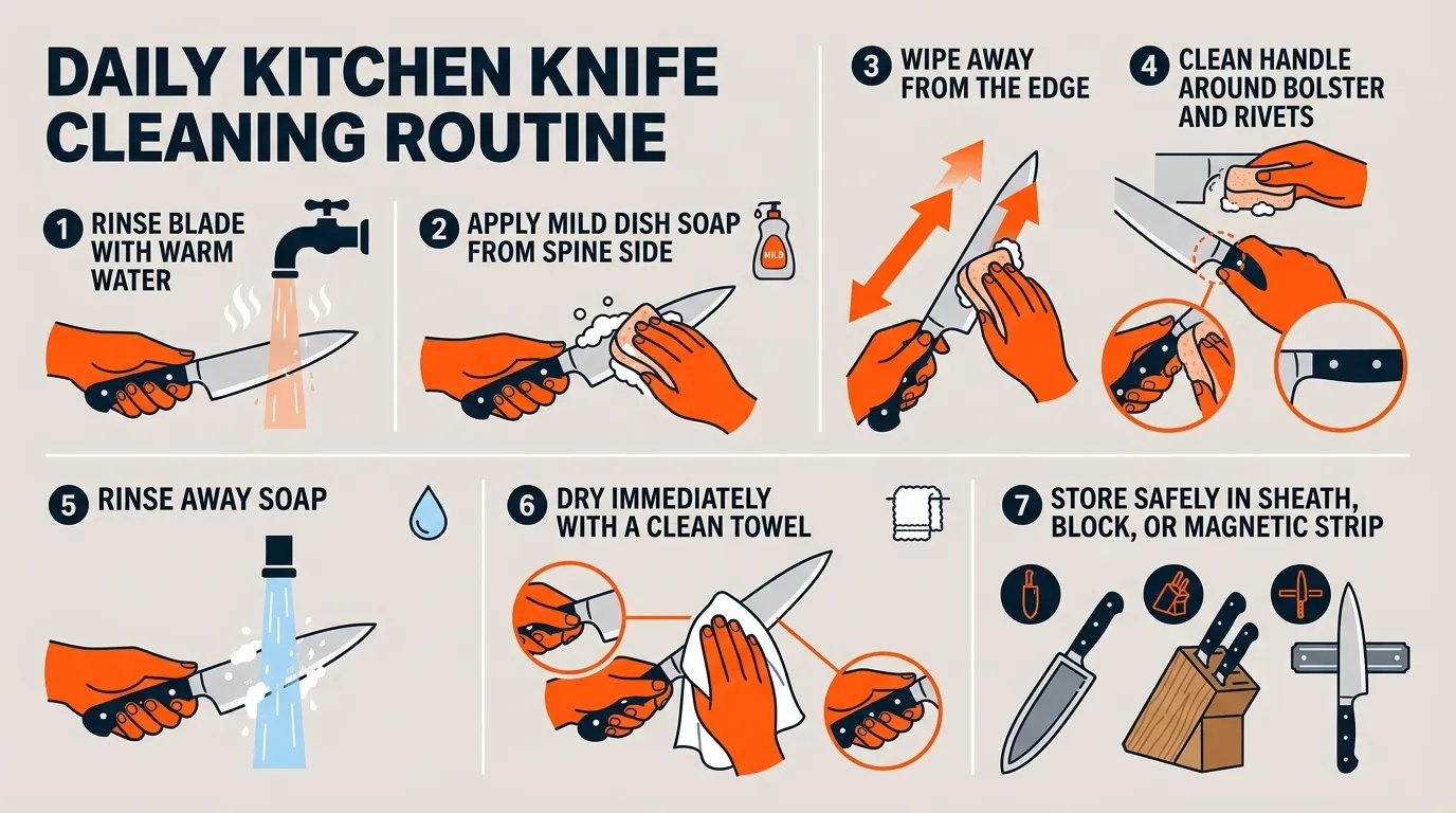 Step-by-step kitchen knife cleaning routine showing rinse, soap, wipe, rinse, dry, and safe storage
