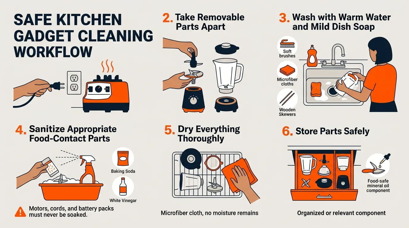 Kitchen gadget cleaning workflow showing unplugging, disassembling, washing, sanitizing, drying, and safe storage