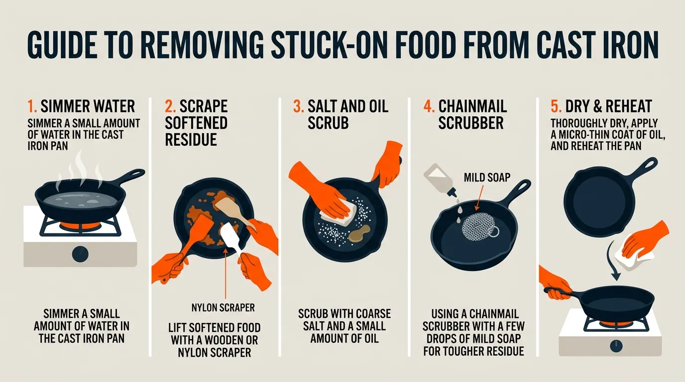 Cast iron stuck-on food removal methods using simmering water salt and gentle scrubbing