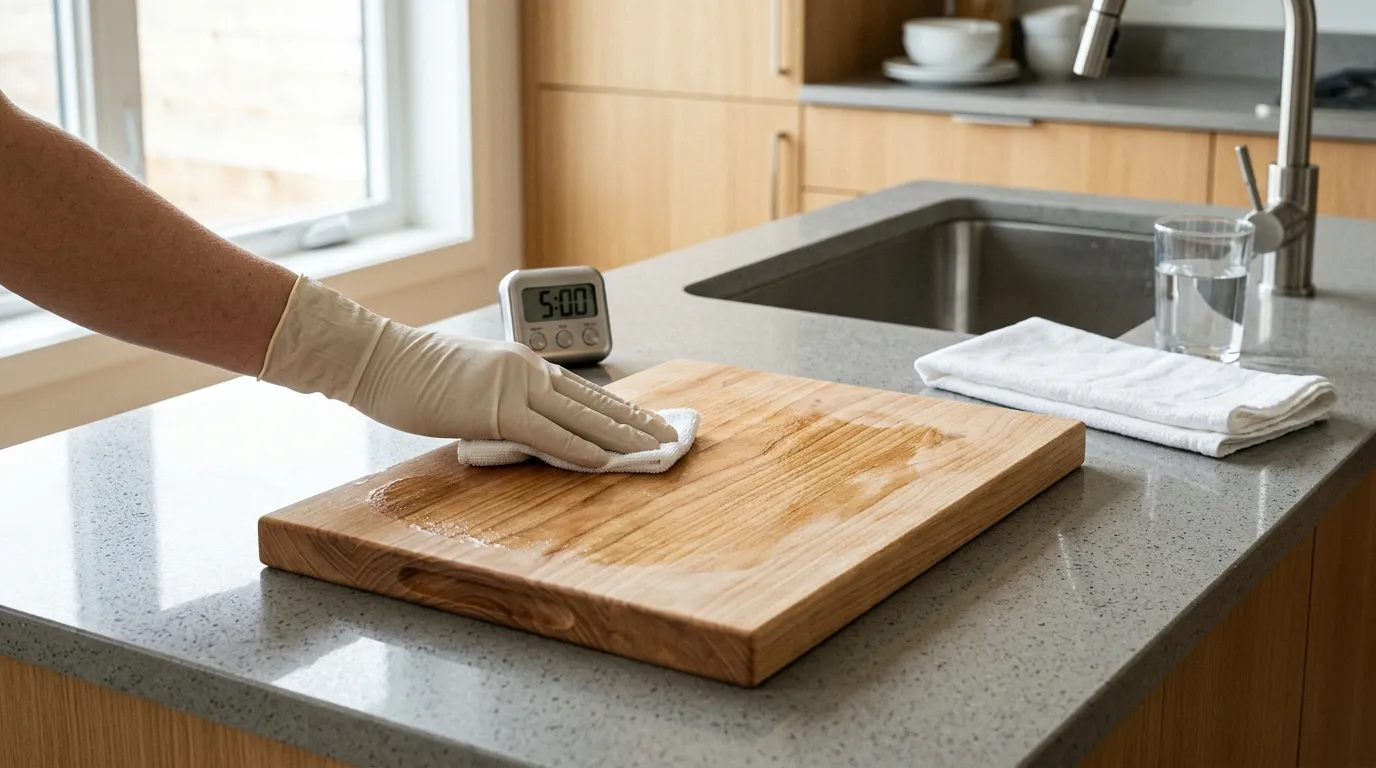 Wooden cutting board being sanitized with 3 percent hydrogen peroxide after raw meat preparation