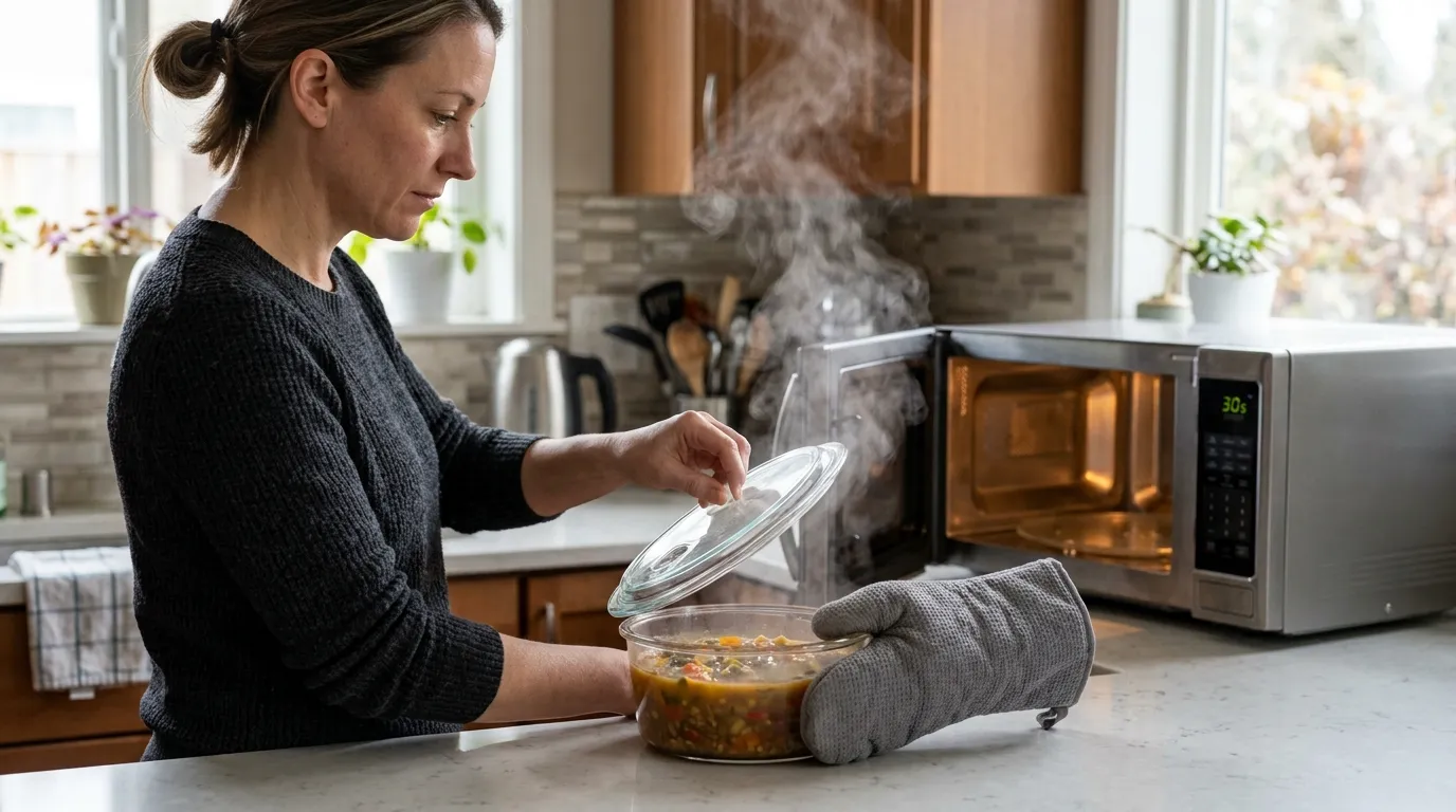 Vented microwave-safe container being opened carefully away from the face to release hot steam