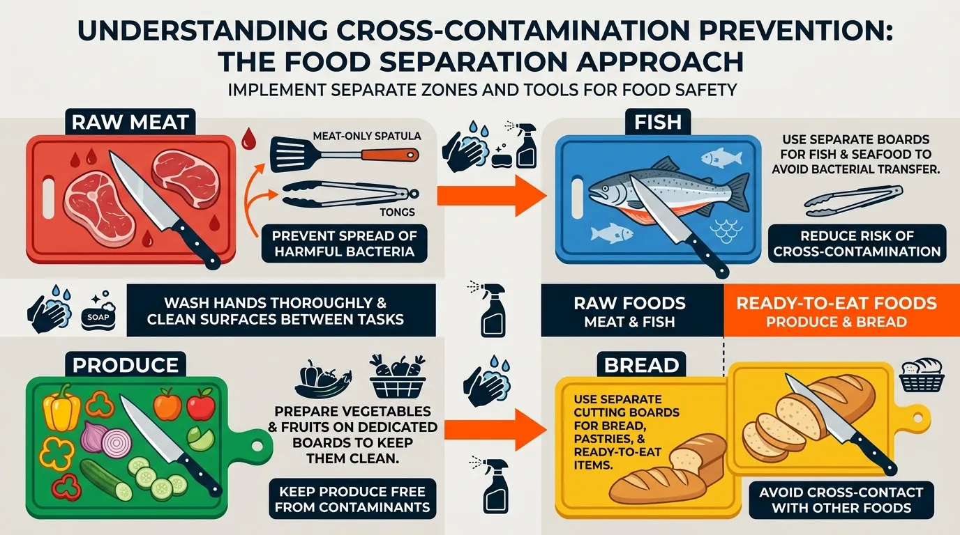 Separate cutting boards and kitchen tools for raw meat, fish, produce, and bread to reduce cross-contamination