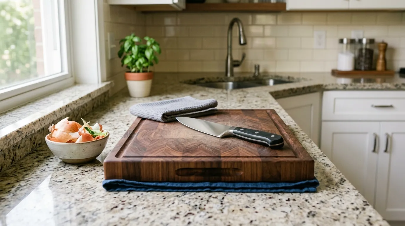 Stable cutting board secured with a damp towel and organized knife preparation area