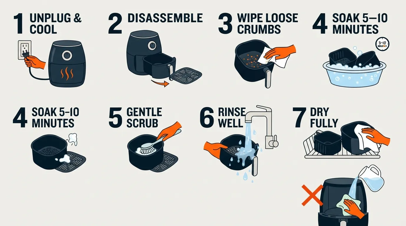 Step-by-step air fryer basket cleaning routine showing cooling, soaking, gentle scrubbing, rinsing, drying, and chamber wiping