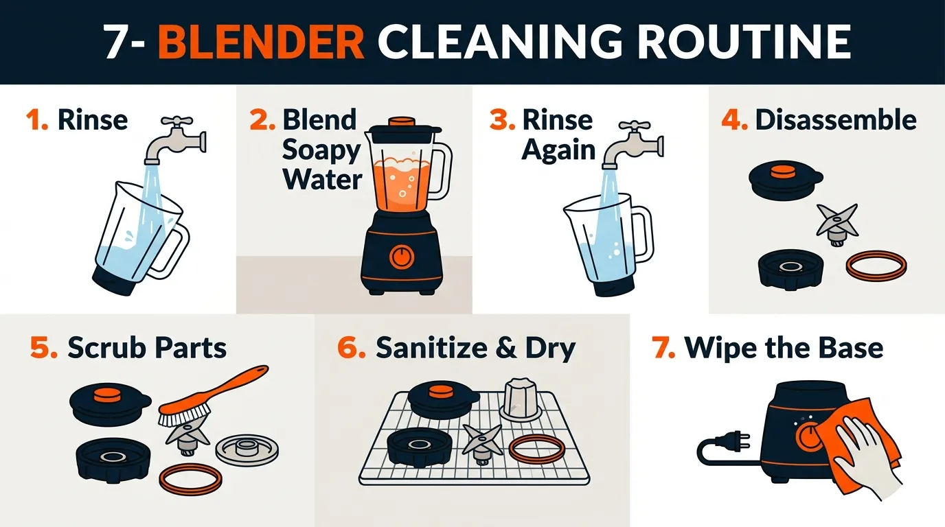 Blender cleaning process showing rinsing, soapy water blending, disassembly, scrubbing, sanitizing, drying, and base cleaning
